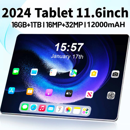 2024 5G Tablet Android 13.0 Brand New 11.6 inch 16GB RAM 1TB ROM Tablet 16MP 32MP 12000mAh 10Core WIFI Bluetooth Network Tablet