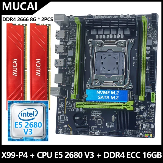 MUCAI X99 P4 Motherboard LGA 2011-3 Kit Set With DDR4 16GB(2*8GB) 2666MHz RAM Memory And Intel Xeon E5 2680 V3 CPU Processor