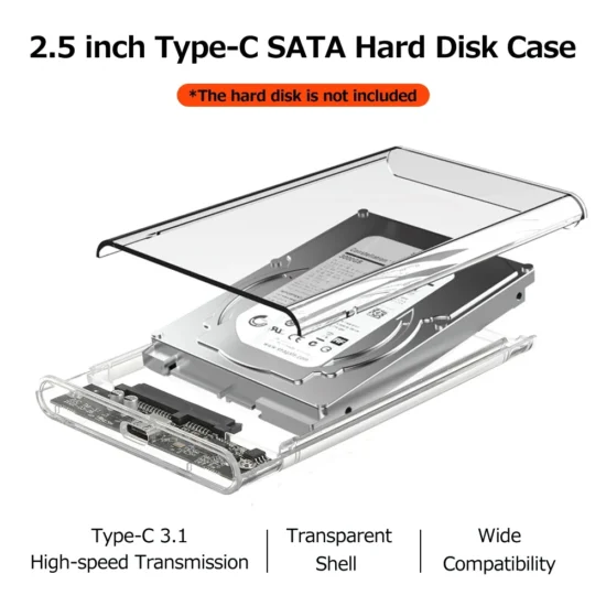 USB 3.0/Type C HDD Enclosure 2.5 inch SATA SSD External Hard Drive Case with 5Gbps Transfer Speed Clear Harddisk Boxs Tool-Free - Image 3